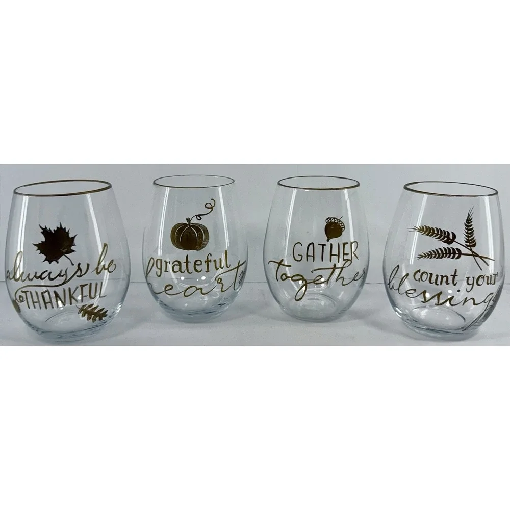 Pier 1 Imports Fall Stemless Wine Glasses Set of 4 Thanksgiving Hand Painted NIB